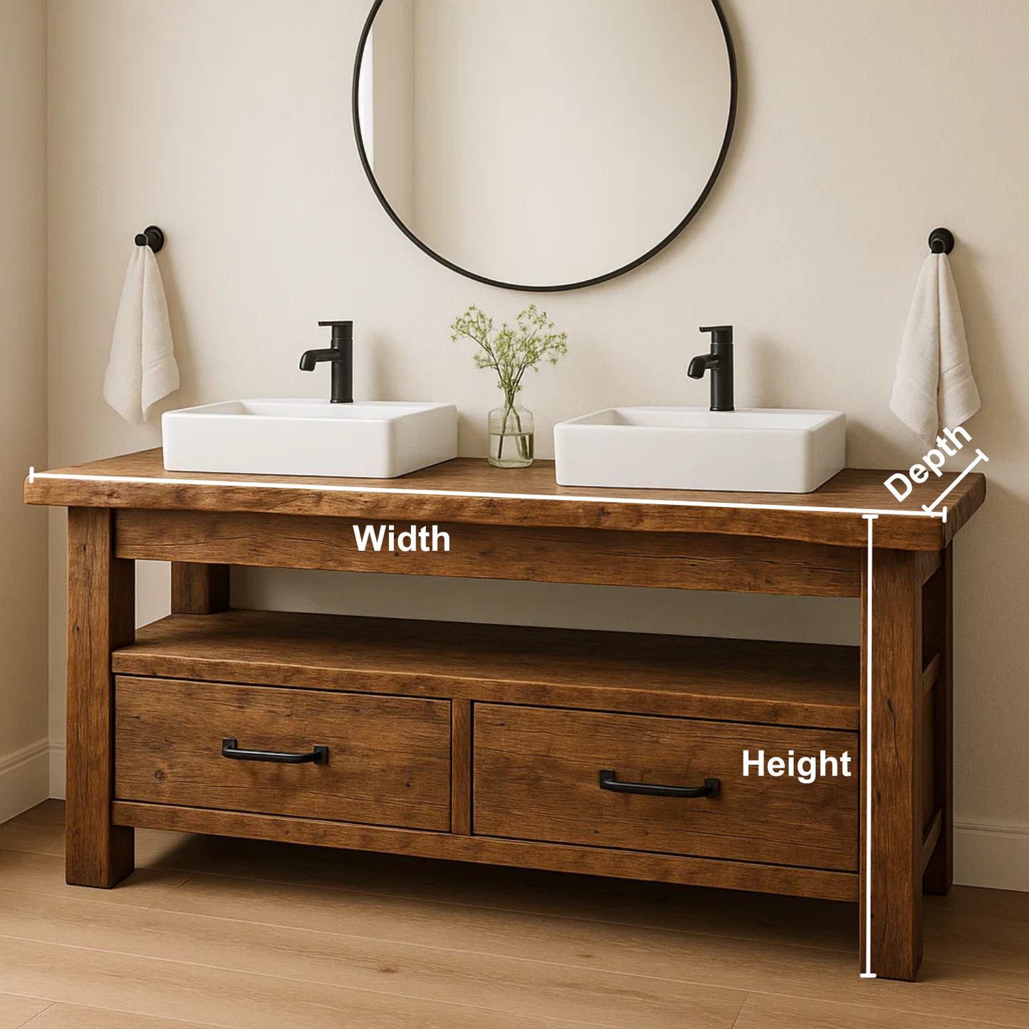 Rustic Handcrafted Solid Wood Double Vanity – Live Edge Base with Drawers and Open Shelf Kitchnce