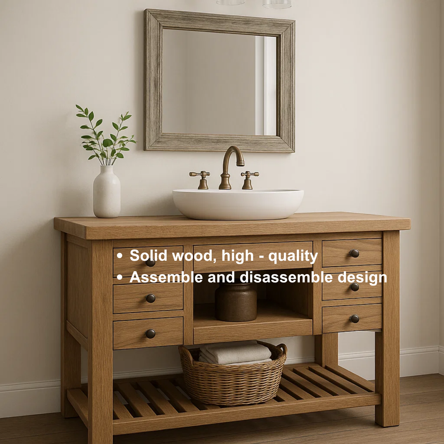 Handcrafted Solid Wood Vanity – Farmhouse Style Bathroom Base with 6 Drawers and Open Shelf Kitchnce