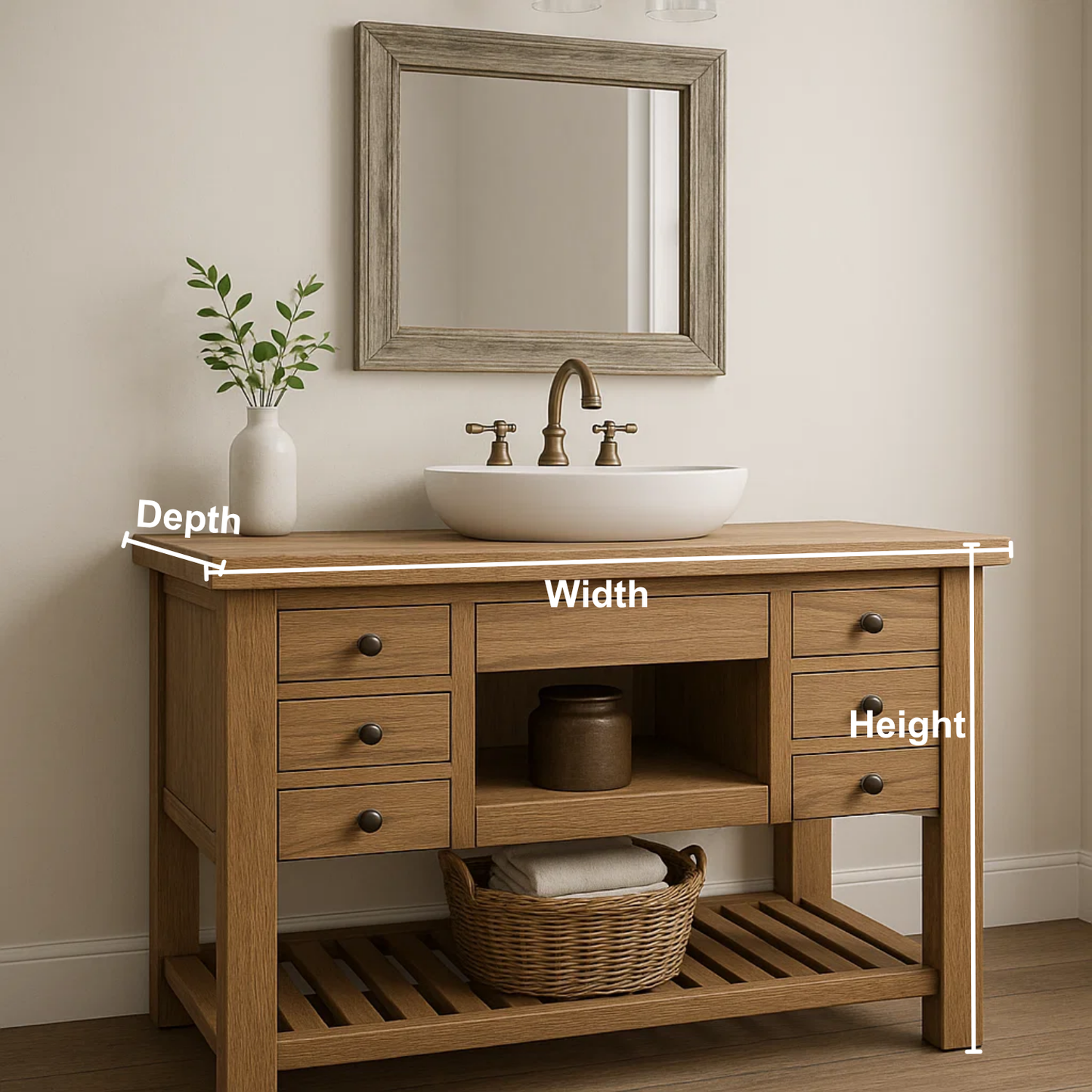 Handcrafted Solid Wood Vanity – Farmhouse Style Bathroom Base with 6 Drawers and Open Shelf Kitchnce