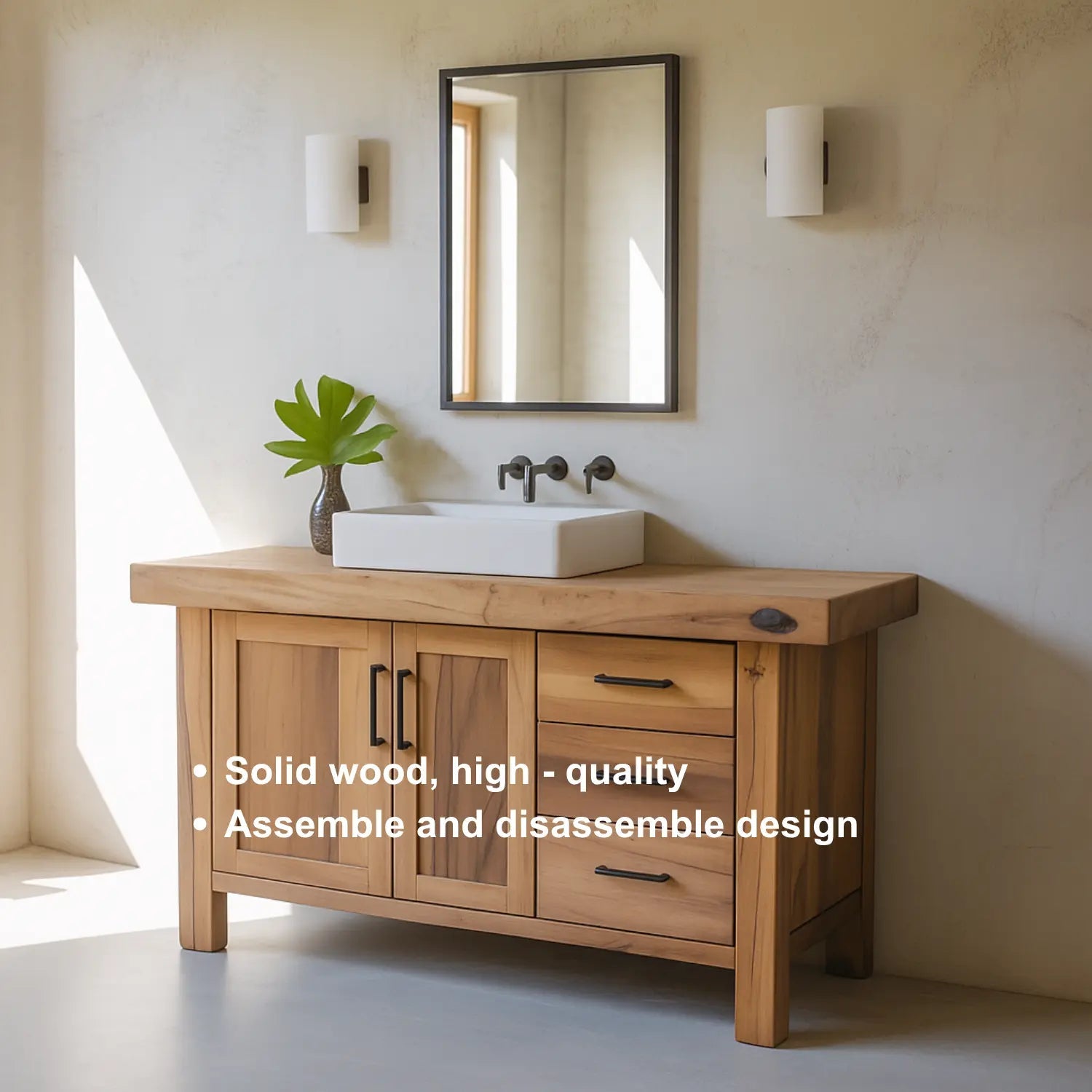 Handcrafted Solid Wood Bathroom Vanity – Rustic Modern Base with 3 Drawers and Cabinet Doors Kitchnce