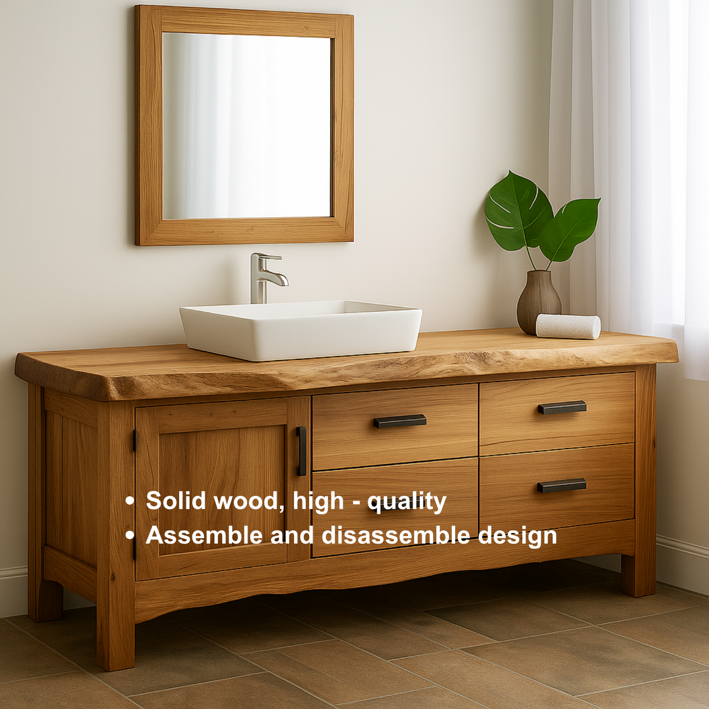 Handcrafted Solid Wood Bathroom Vanity – Natural Live Edge Base with 4 Drawers and Door Cabinet Kitchnce