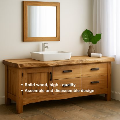 Handcrafted Solid Wood Bathroom Vanity – Natural Live Edge Base with 4 Drawers and Door Cabinet Kitchnce