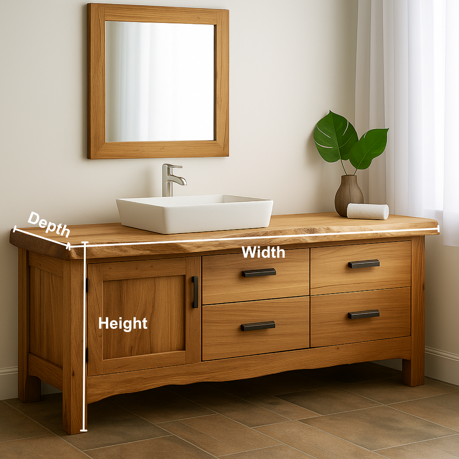 Handcrafted Solid Wood Bathroom Vanity – Natural Live Edge Base with 4 Drawers and Door Cabinet Kitchnce