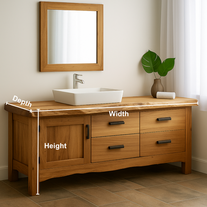 Handcrafted Solid Wood Bathroom Vanity – Natural Live Edge Base with 4 Drawers and Door Cabinet Kitchnce