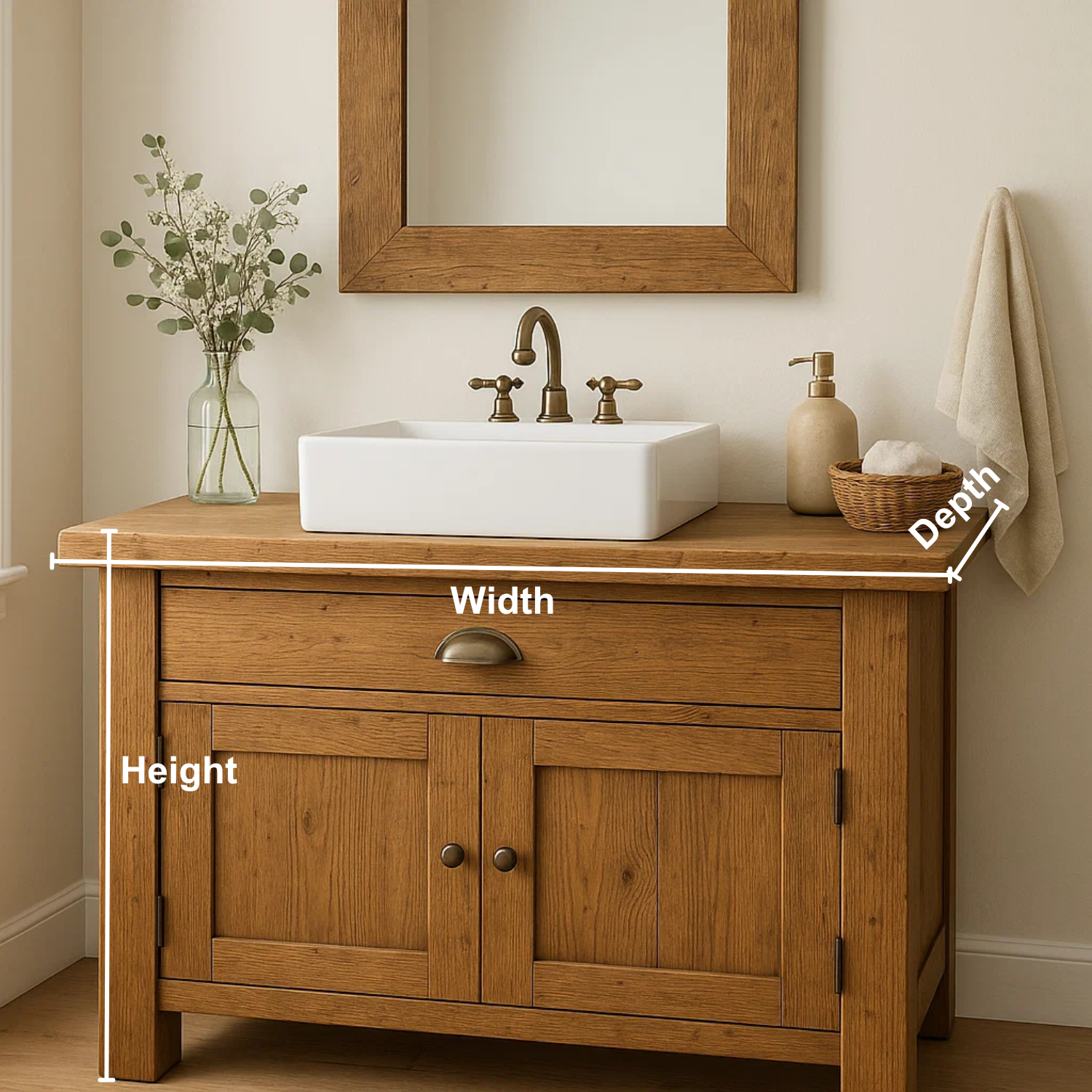 Handcrafted Solid Wood Bathroom Vanity – Rustic Farmhouse Base with Drawer and Double Door Cabinet Kitchnce