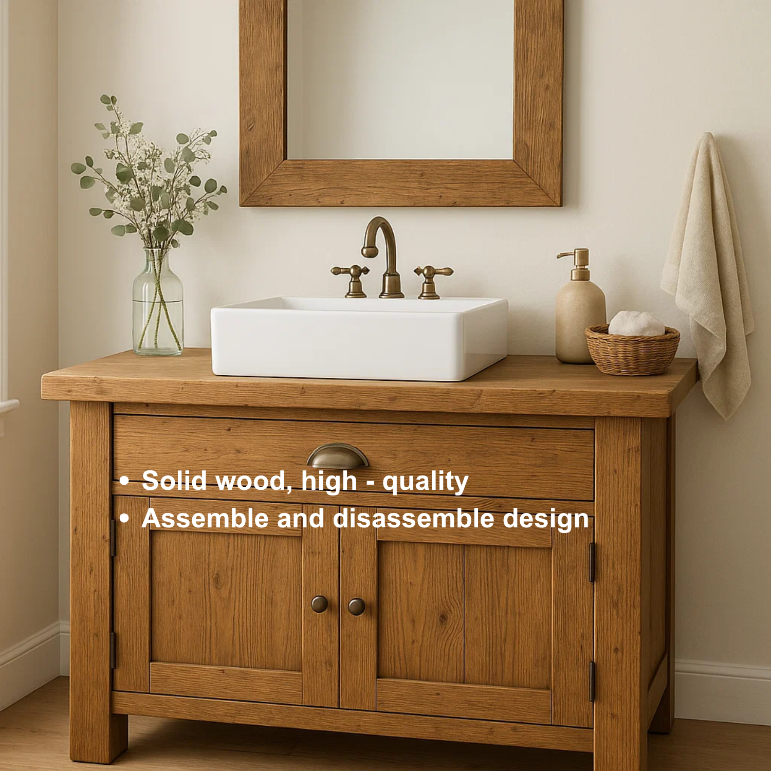 Handcrafted Solid Wood Bathroom Vanity – Rustic Farmhouse Base with Drawer and Double Door Cabinet Kitchnce