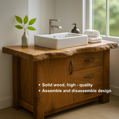 Handcrafted Solid Wood Bathroom Vanity – Live Edge Rustic Base with 3 Drawers and Cabinet Kitchnce