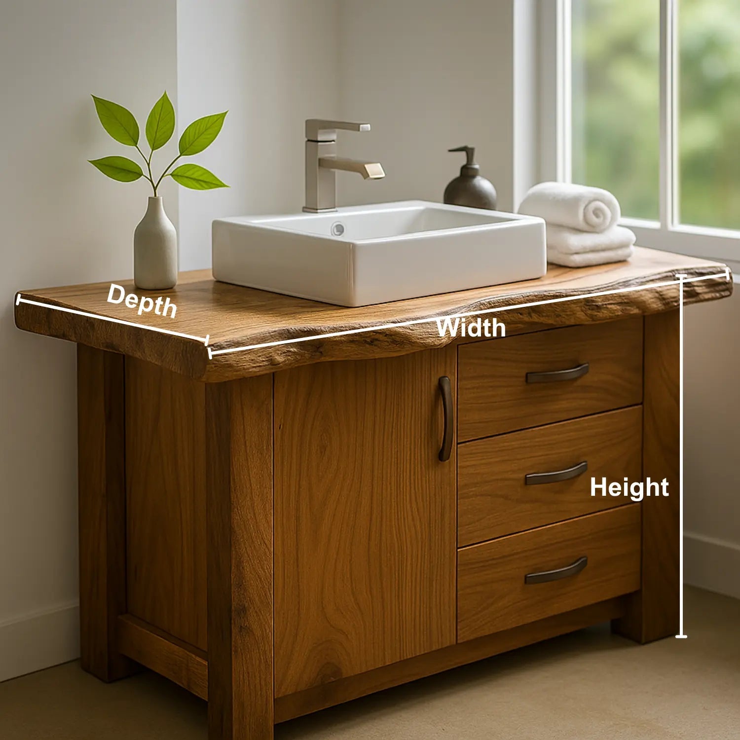 Handcrafted Solid Wood Bathroom Vanity – Live Edge Rustic Base with 3 Drawers and Cabinet Kitchnce