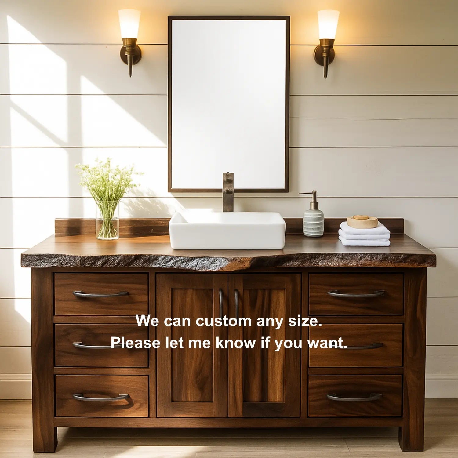 Handcrafted Solid Wood Bathroom Vanity – Live Edge Rustic Base with 6 Drawers and Double Door Cabinet Kitchnce