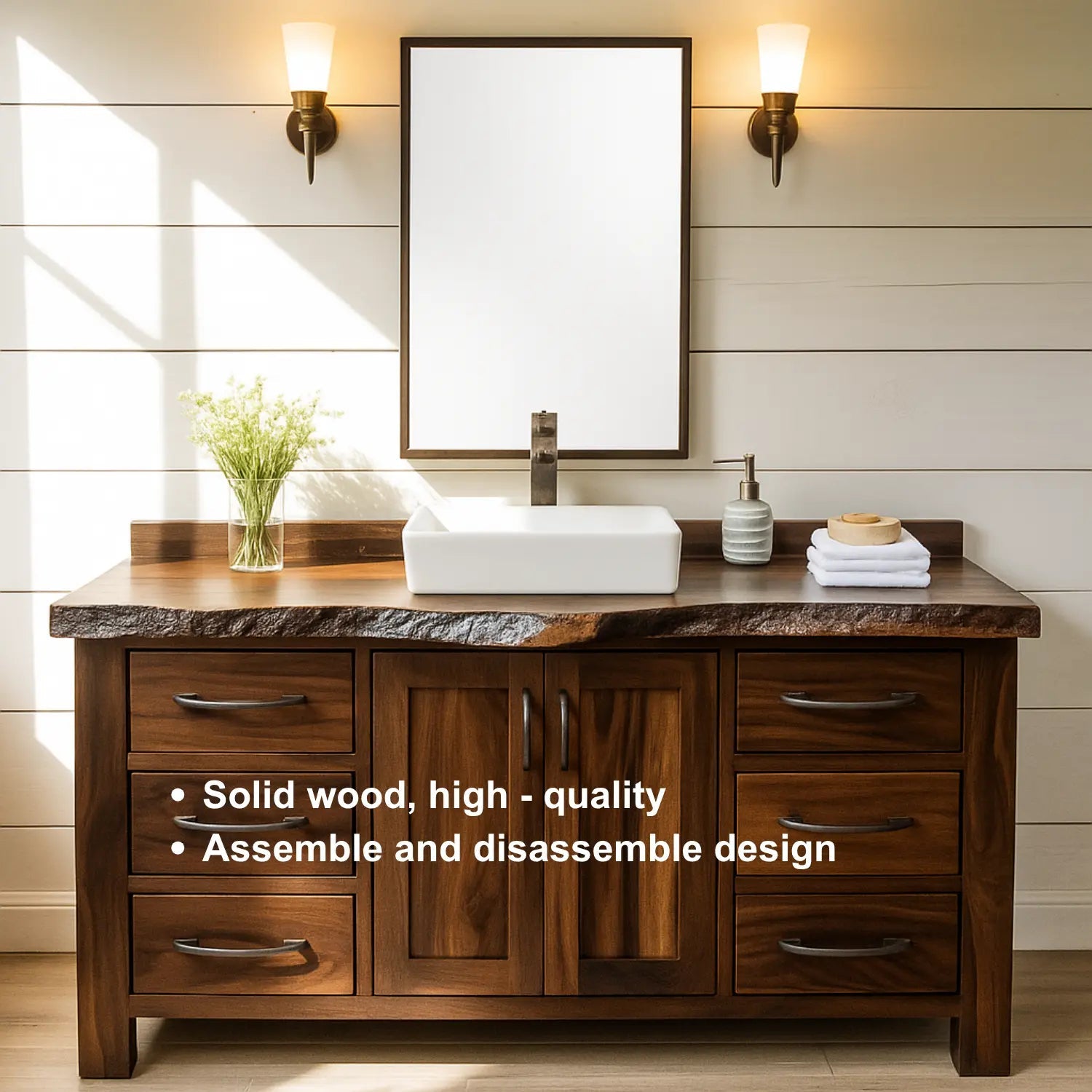 Handcrafted Solid Wood Bathroom Vanity – Live Edge Rustic Base with 6 Drawers and Double Door Cabinet Kitchnce