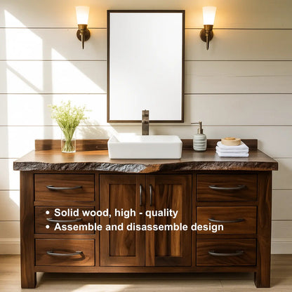 Handcrafted Solid Wood Bathroom Vanity – Live Edge Rustic Base with 6 Drawers and Double Door Cabinet Kitchnce