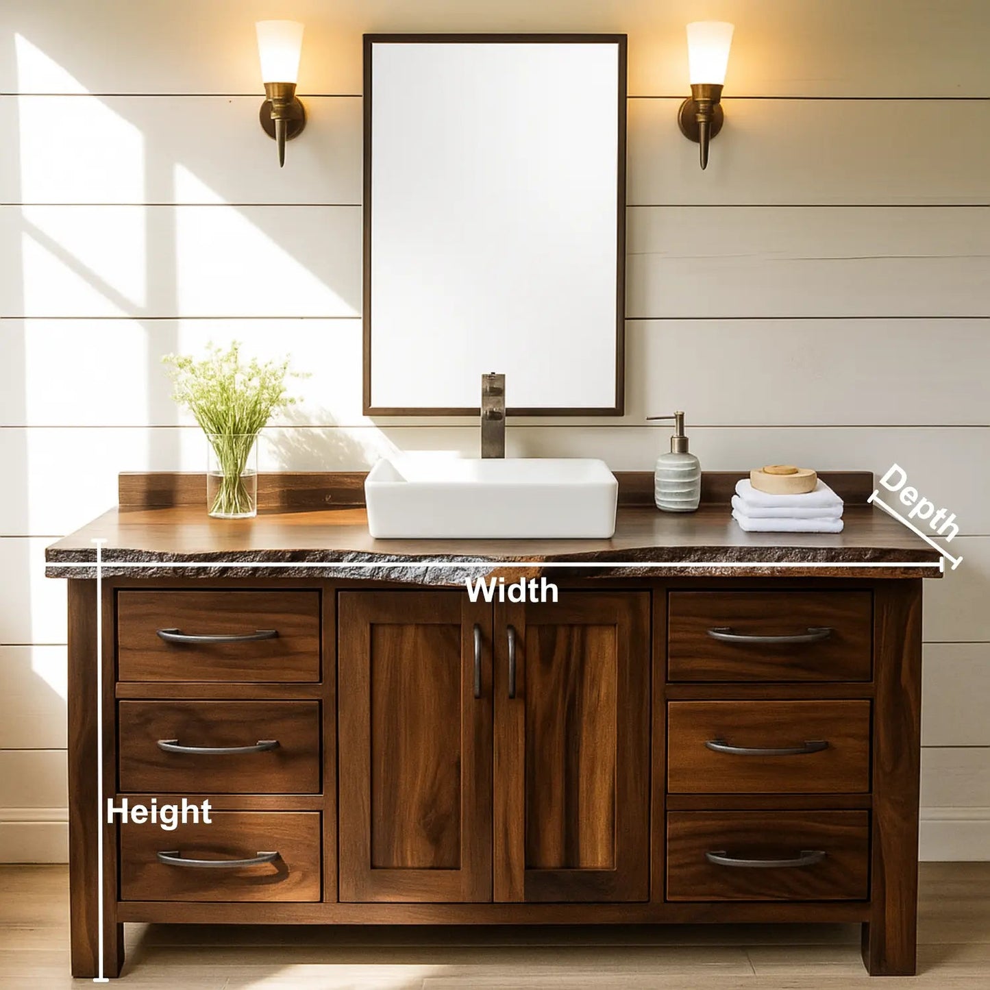 Handcrafted Solid Wood Bathroom Vanity – Live Edge Rustic Base with 6 Drawers and Double Door Cabinet Kitchnce