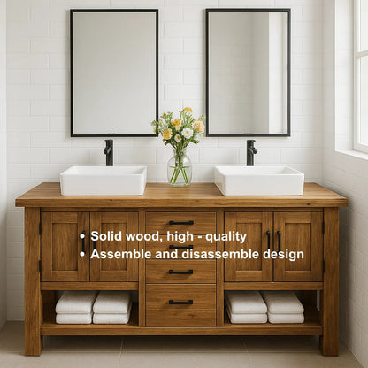 Handcrafted Solid Wood Double Bathroom Vanity – Rustic Base with Central Drawers and Side Cabinets Kitchnce