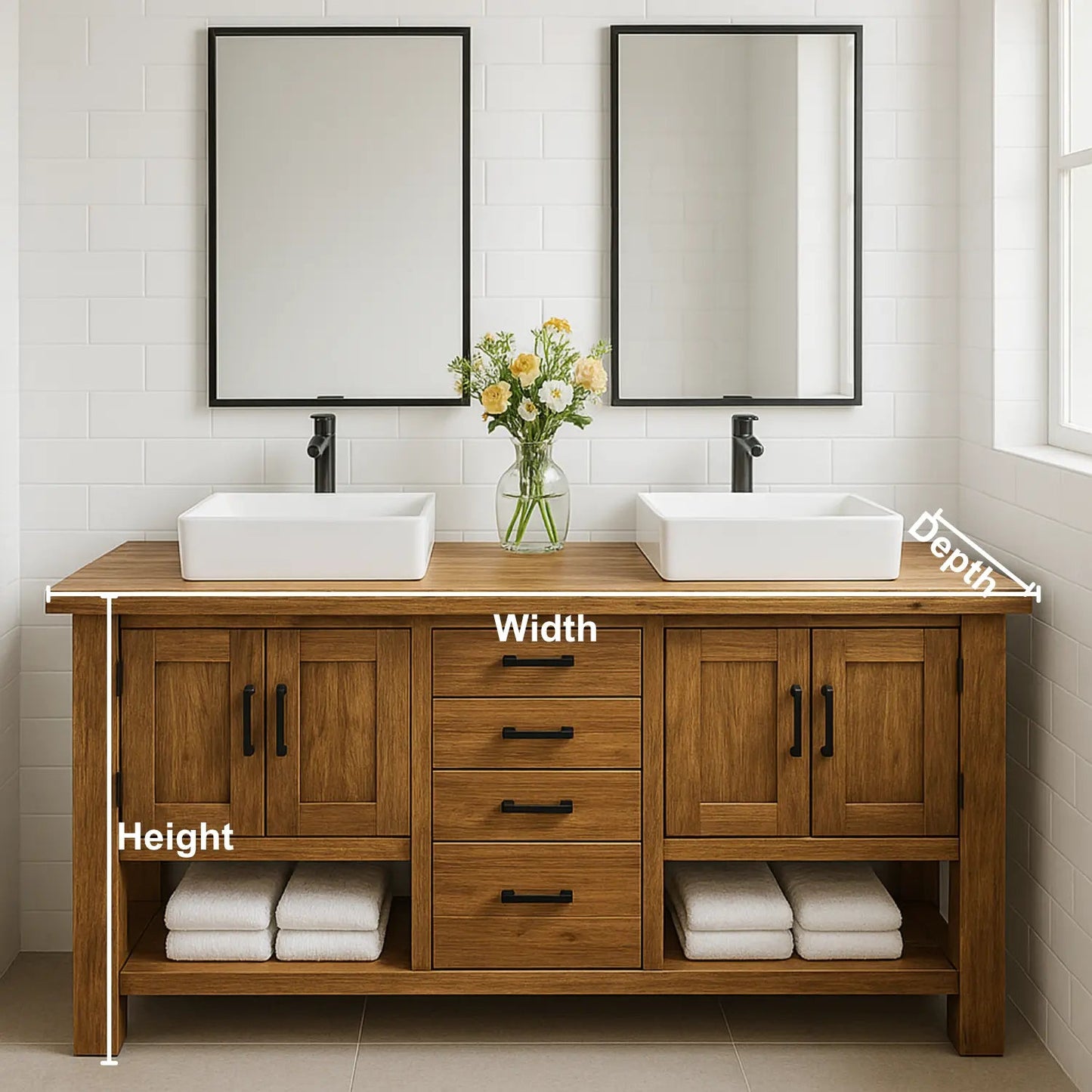 Handcrafted Solid Wood Double Bathroom Vanity – Rustic Base with Central Drawers and Side Cabinets Kitchnce