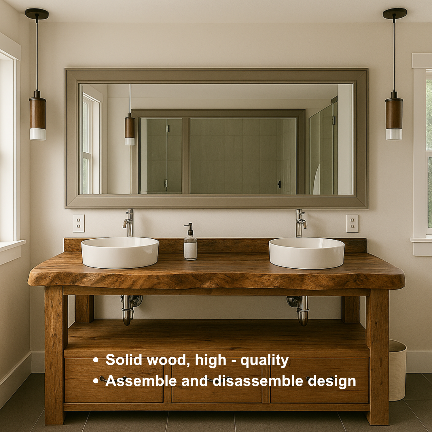 Handcrafted Solid Wood Double Vanity – Live Edge Bathroom Base with Drawers and Open Shelf Kitchnce