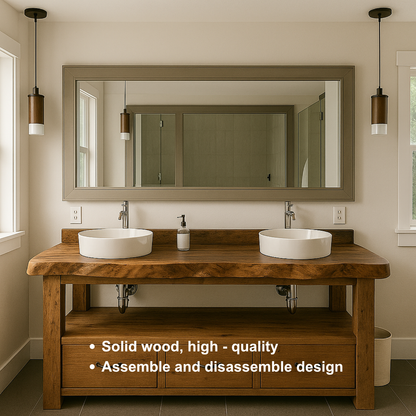 Handcrafted Solid Wood Double Vanity – Live Edge Bathroom Base with Drawers and Open Shelf Kitchnce