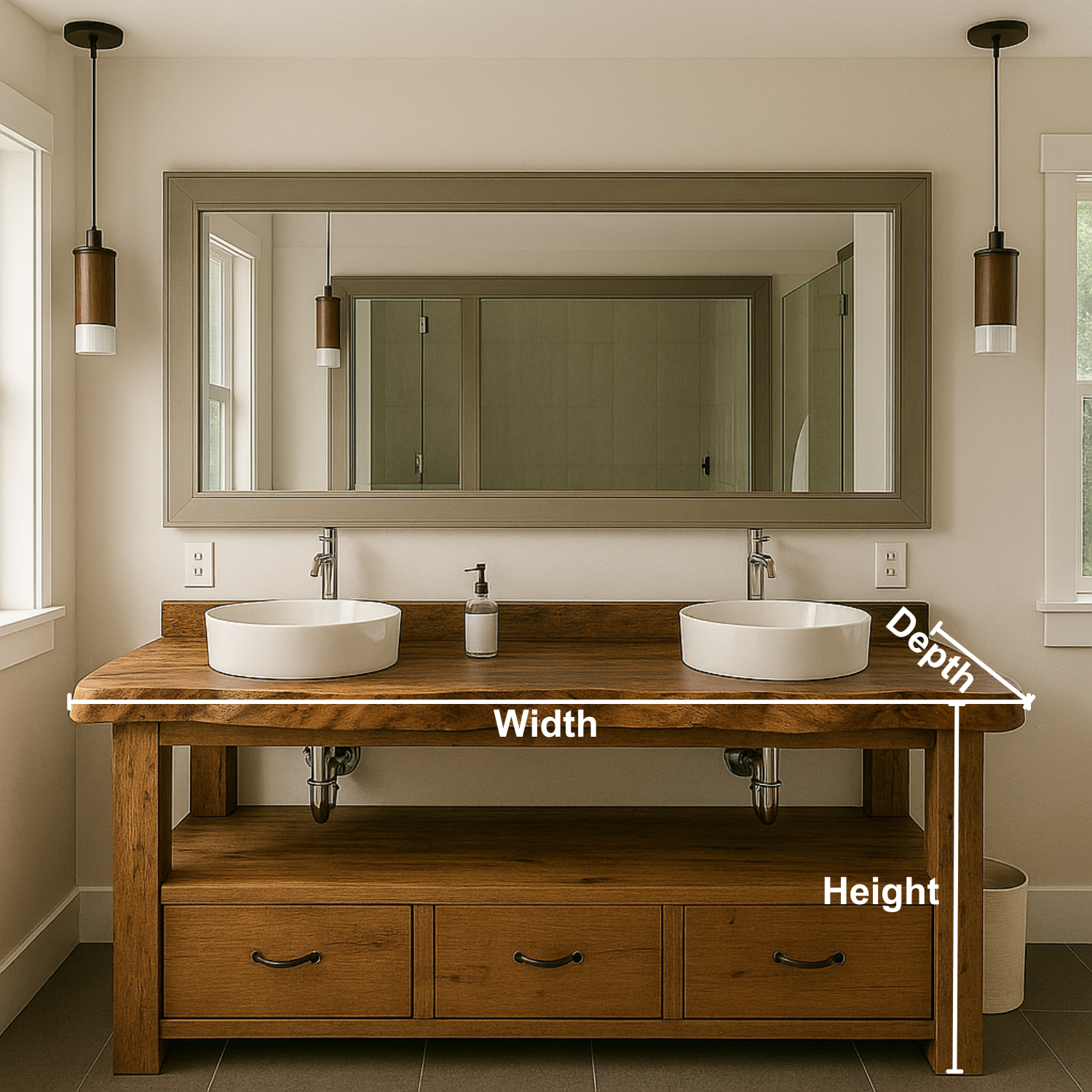 Handcrafted Solid Wood Double Vanity – Live Edge Bathroom Base with Drawers and Open Shelf Kitchnce