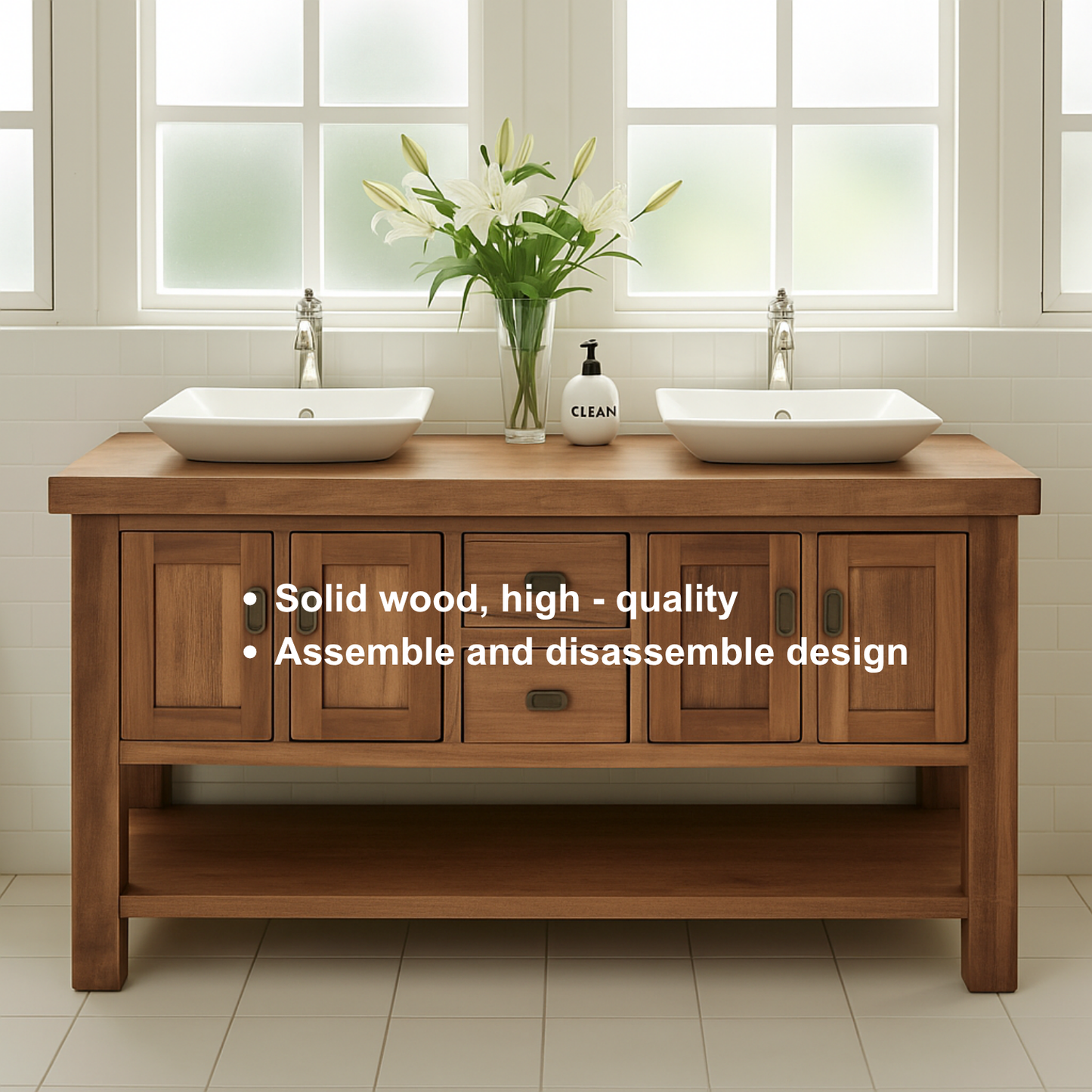 Handcrafted Solid Wood Double Bathroom Vanity – Rustic Base with Center Drawers and Open Shelf Kitchnce
