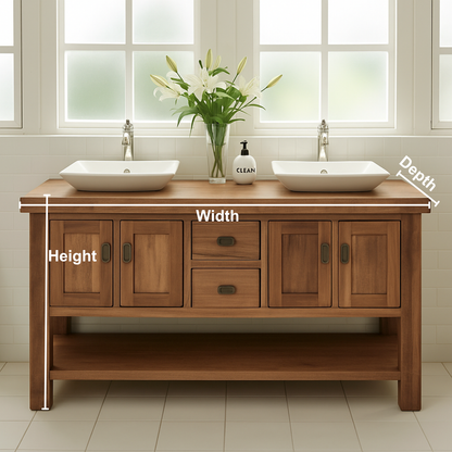 Handcrafted Solid Wood Double Bathroom Vanity – Rustic Base with Center Drawers and Open Shelf Kitchnce