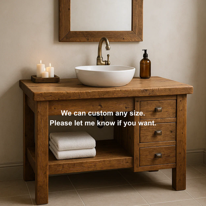 Handcrafted Solid Wood Bathroom Vanity – Rustic Base with Side Drawers and Open Shelf Kitchnce