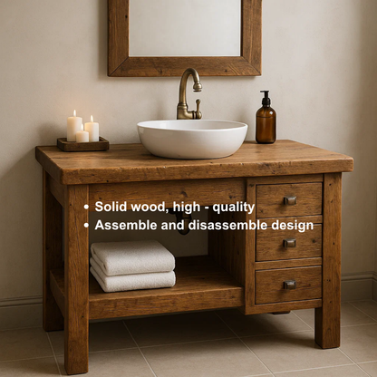 Handcrafted Solid Wood Bathroom Vanity – Rustic Base with Side Drawers and Open Shelf Kitchnce