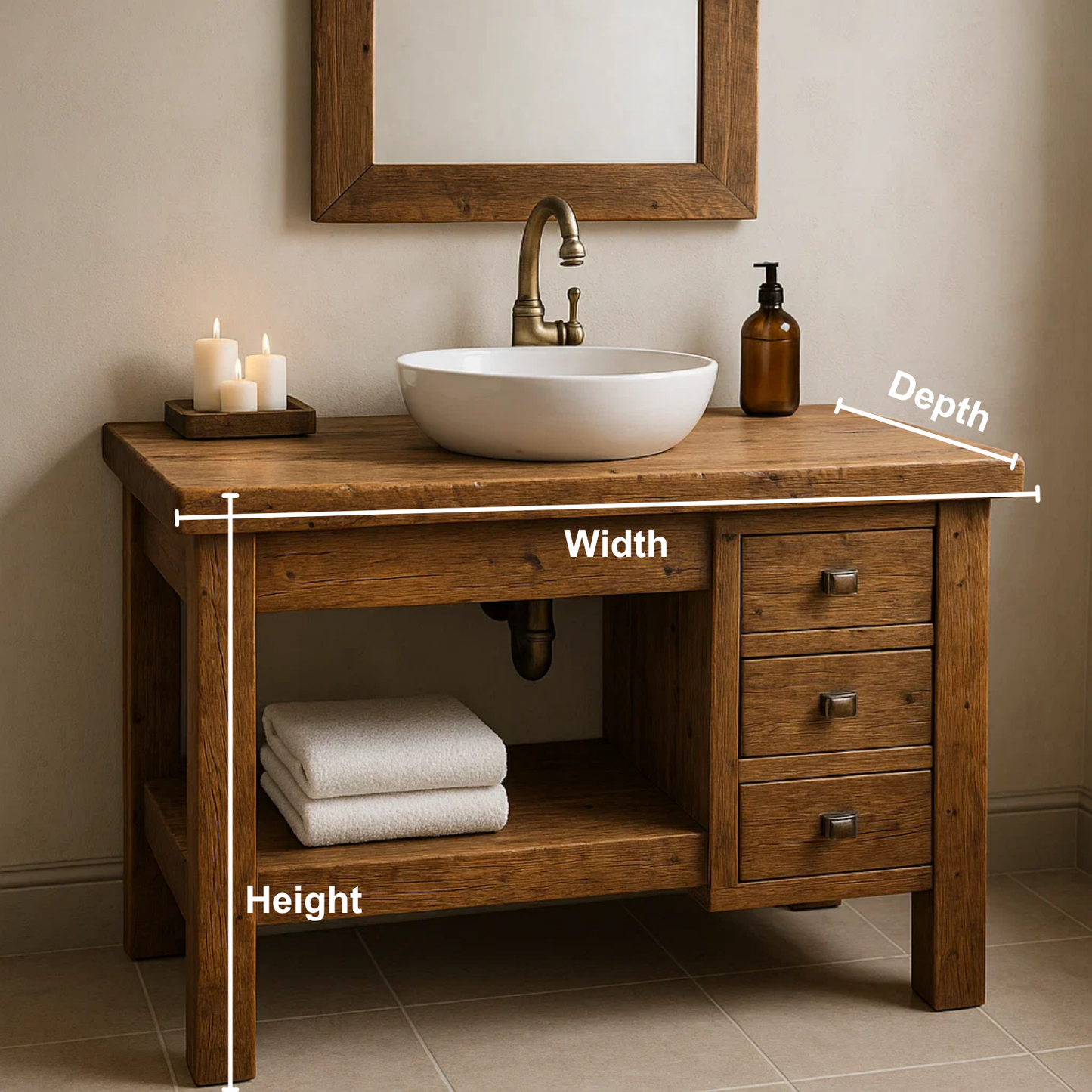 Handcrafted Solid Wood Bathroom Vanity – Rustic Base with Side Drawers and Open Shelf Kitchnce