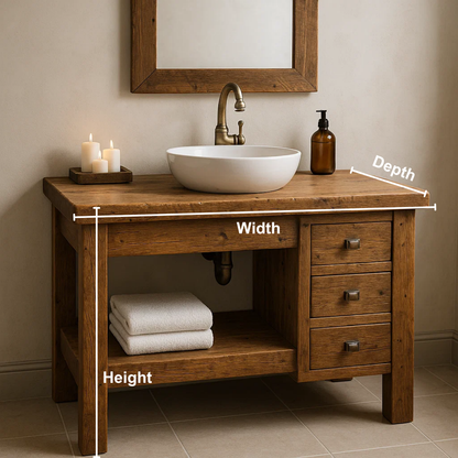 Handcrafted Solid Wood Bathroom Vanity – Rustic Base with Side Drawers and Open Shelf Kitchnce