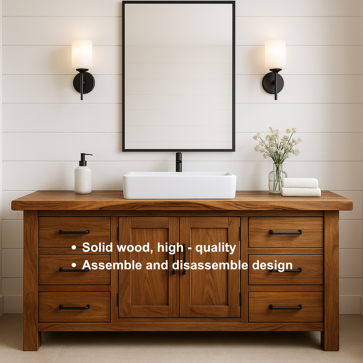 Handcrafted Solid Wood Bathroom Vanity – Rustic Base with Six Drawers and Center Cabinet Kitchnce