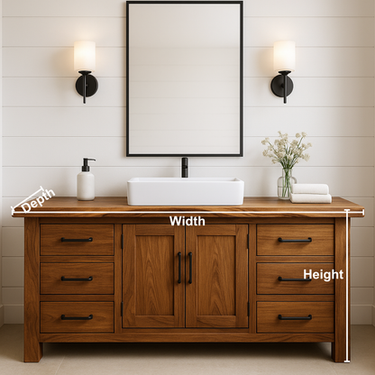 Handcrafted Solid Wood Bathroom Vanity – Rustic Base with Six Drawers and Center Cabinet Kitchnce