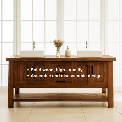 Handcrafted Solid Wood Double Bathroom Vanity – Modern Rustic Base with Center Drawers and Open Shelf Kitchnce
