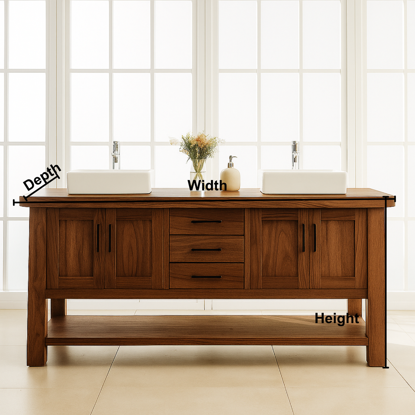 Handcrafted Solid Wood Double Bathroom Vanity – Modern Rustic Base with Center Drawers and Open Shelf Kitchnce