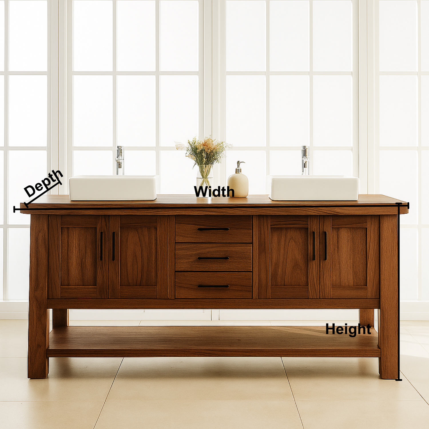 Handcrafted Solid Wood Double Bathroom Vanity – Modern Rustic Base with Center Drawers and Open Shelf Kitchnce