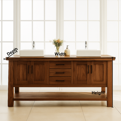 Handcrafted Solid Wood Double Bathroom Vanity – Modern Rustic Base with Center Drawers and Open Shelf Kitchnce