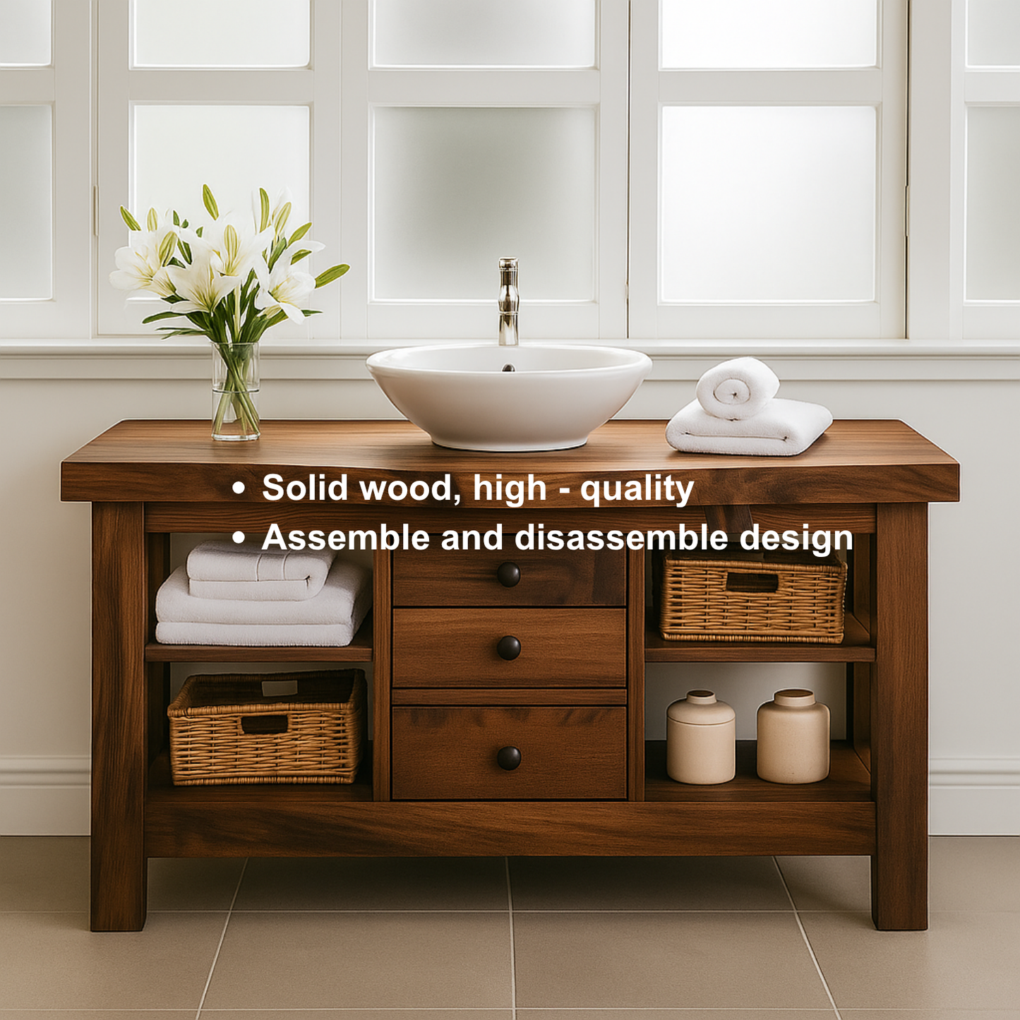 Handcrafted Solid Walnut Bathroom Vanity – Rustic Base with Open Shelves and Center Drawers Kitchnce