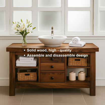 Handcrafted Solid Walnut Bathroom Vanity – Rustic Base with Open Shelves and Center Drawers Kitchnce
