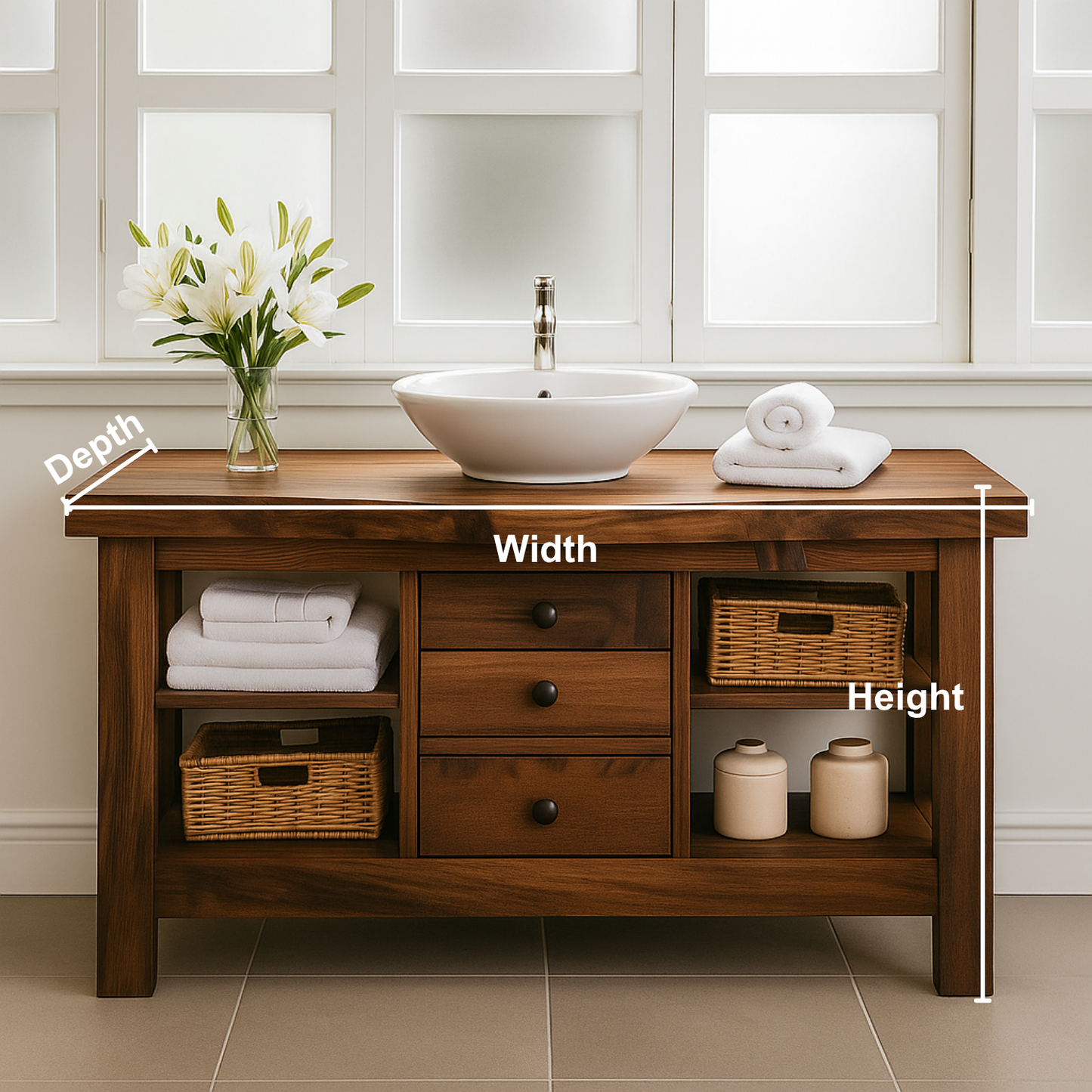 Handcrafted Solid Walnut Bathroom Vanity – Rustic Base with Open Shelves and Center Drawers Kitchnce