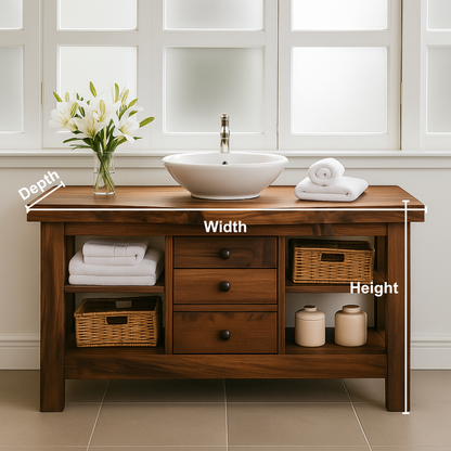 Handcrafted Solid Walnut Bathroom Vanity – Rustic Base with Open Shelves and Center Drawers Kitchnce
