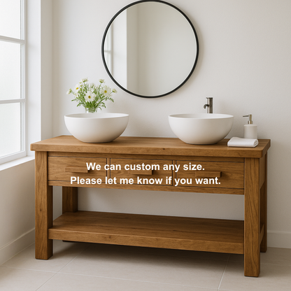 Handcrafted Solid Wood Double Bathroom Vanity – Minimal Rustic Base with 3 Drawers and Open Shelf Kitchnce