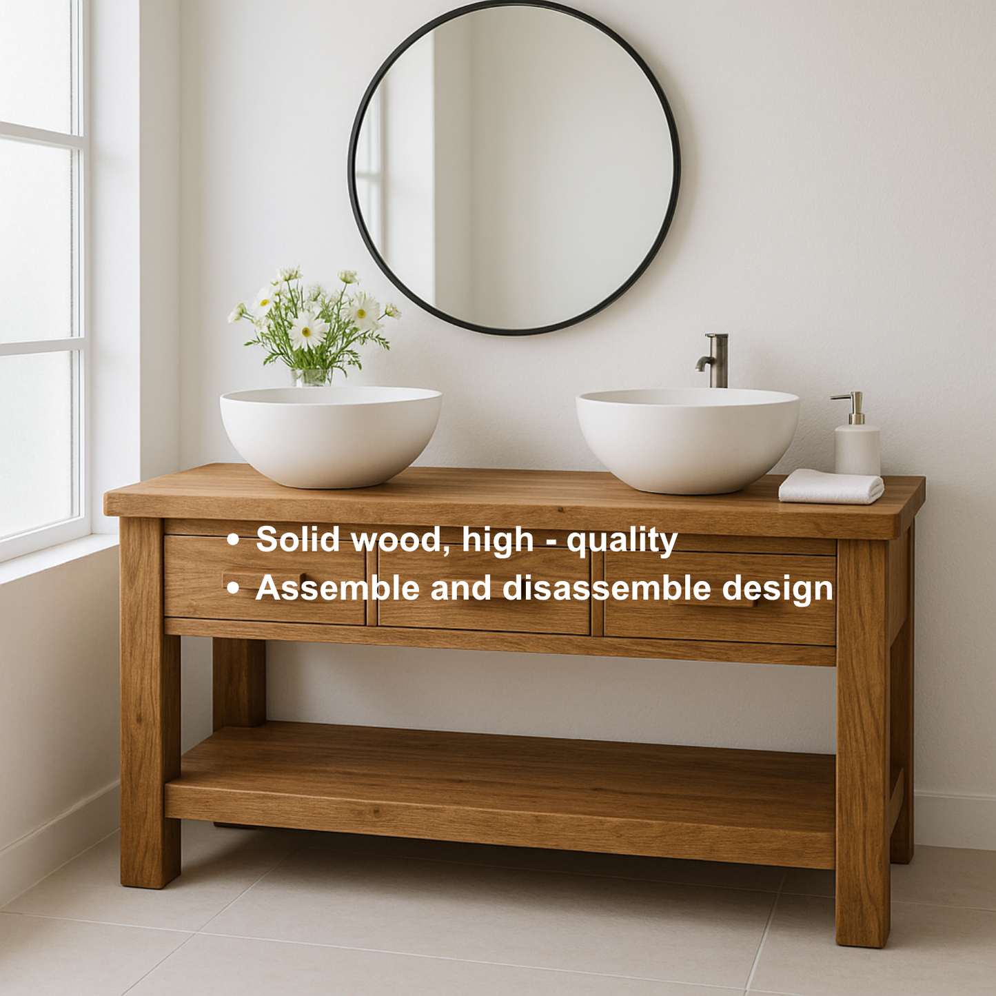 Handcrafted Solid Wood Double Bathroom Vanity – Minimal Rustic Base with 3 Drawers and Open Shelf Kitchnce