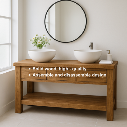 Handcrafted Solid Wood Double Bathroom Vanity – Minimal Rustic Base with 3 Drawers and Open Shelf Kitchnce