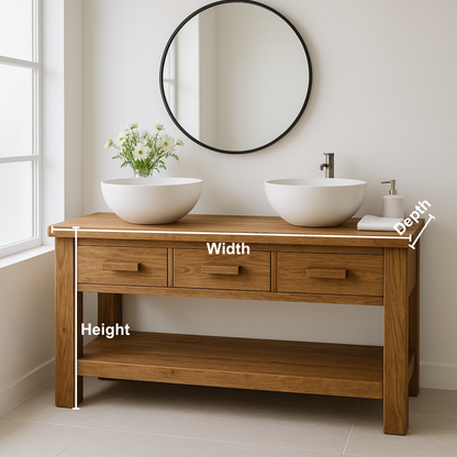 Handcrafted Solid Wood Double Bathroom Vanity – Minimal Rustic Base with 3 Drawers and Open Shelf Kitchnce