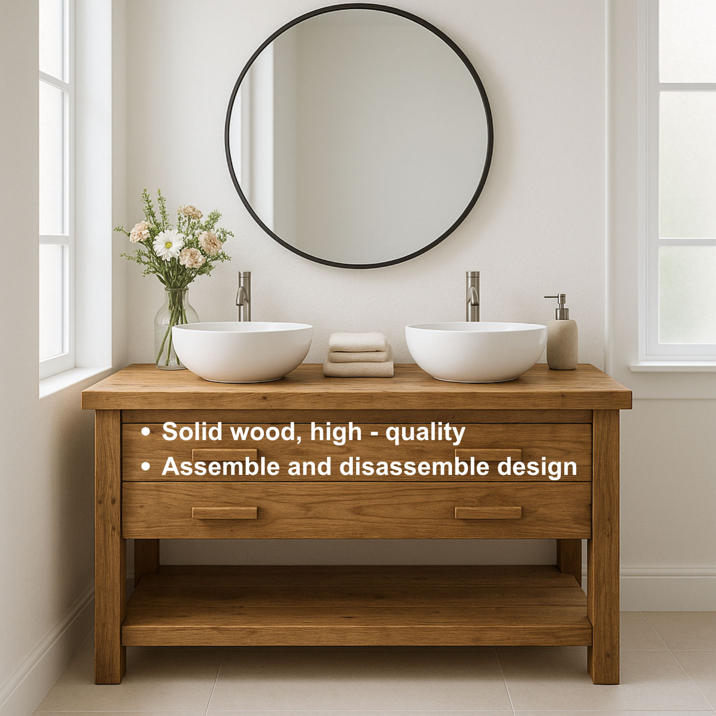 Handcrafted Solid Wood Double Bathroom Vanity – Scandinavian Rustic Base with 2 Drawers and Open Shelf Kitchnce