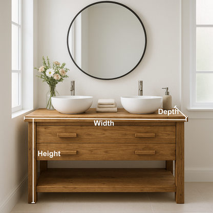 Handcrafted Solid Wood Double Bathroom Vanity – Scandinavian Rustic Base with 2 Drawers and Open Shelf Kitchnce