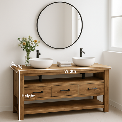 Handcrafted Solid Wood Double Sink Vanity – Modern Rustic Base with 3 Drawers and Open Shelf Kitchnce