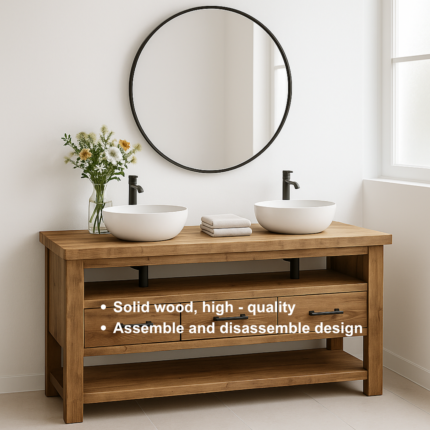 Handcrafted Solid Wood Double Sink Vanity – Modern Rustic Base with 3 Drawers and Open Shelf Kitchnce