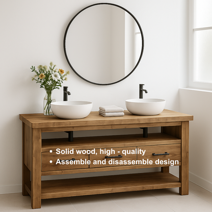 Handcrafted Solid Wood Double Sink Vanity – Modern Rustic Base with 3 Drawers and Open Shelf Kitchnce