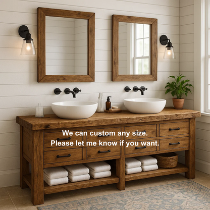 Handcrafted Solid Wood Double Sink Vanity – Rustic Farmhouse Base with 8 Drawers and Open Shelf Kitchnce