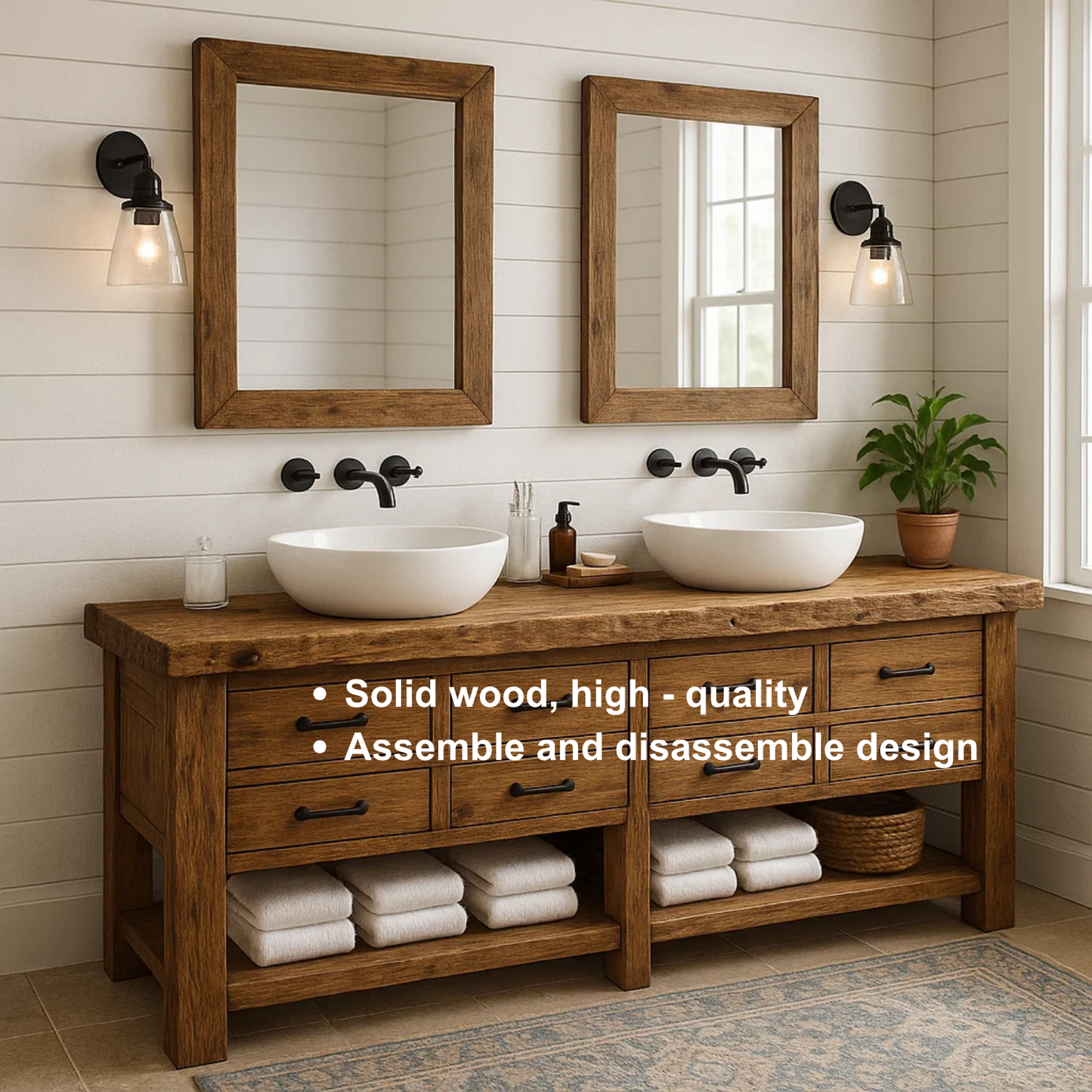 Handcrafted Solid Wood Double Sink Vanity – Rustic Farmhouse Base with 8 Drawers and Open Shelf Kitchnce