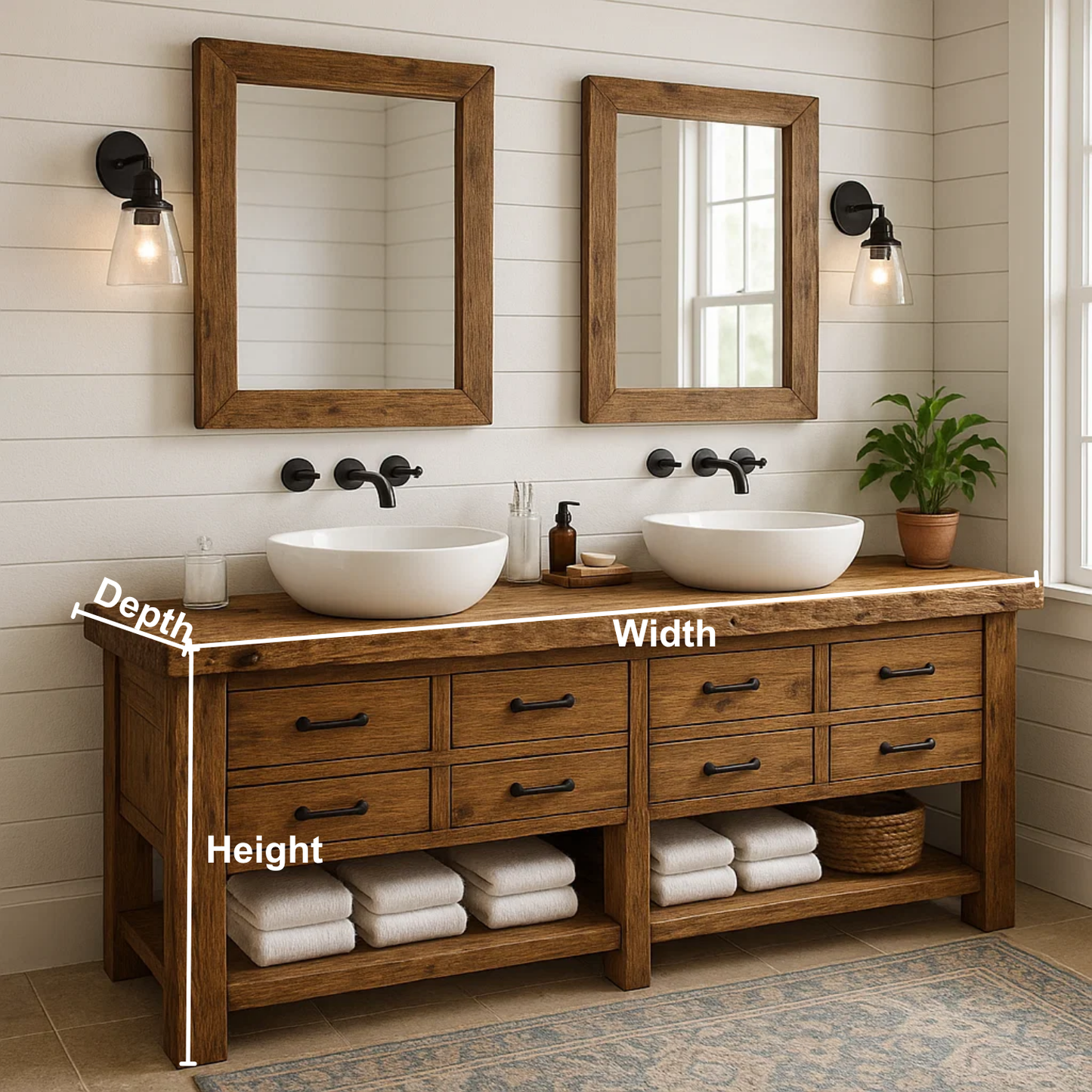 Handcrafted Solid Wood Double Sink Vanity – Rustic Farmhouse Base with 8 Drawers and Open Shelf Kitchnce
