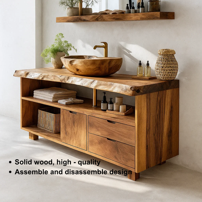 Handcrafted Solid Wood Live-Edge Vanity Base – Organic Modern Bathroom Console with Shelves and Drawers Kitchnce